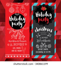 Vector christmas party invitation with toys. Holiday background and design banner. Vector template with hand-drawn xmas graphic.