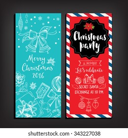 Vector christmas party invitation with toys. Holiday background and design banner. Vector template with hand-drawn xmas graphic.