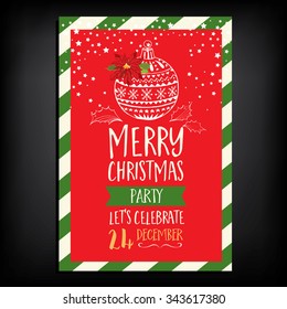 Vector christmas party invitation with toys. Holiday background and design banner. Vector template with hand-drawn xmas graphic.