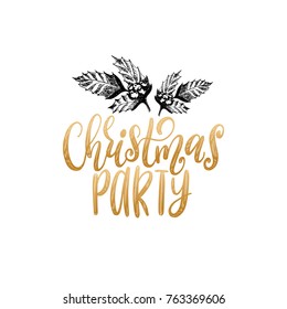 Vector Christmas Party lettering with hand drawn illustration of mistletoe branches on white background. Happy Holidays greeting card, poster template.