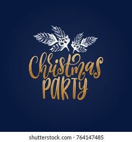 Vector Christmas Party lettering with hand drawn illustration of mistletoe branches on blue background. Happy Holidays greeting card, poster template.
