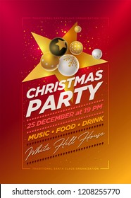 Plantilla de diseño de afiches de la fiesta navideña vectora con bolas 3d blancas, negras y doradas de Navidad . Los elementos se clasifican por separado en el archivo vectorial.