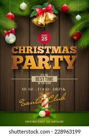 Vector Christmas Party poster design template.Messages and objects on dark wooden background. Elements are layered separately in vector file.