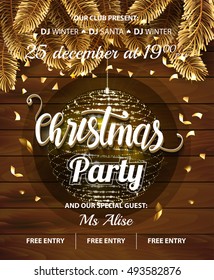 Vector Christmas Party poster design template.Messages and objects on dark wooden background. Elements are layered separately in vector file. Vector illustration EPS10