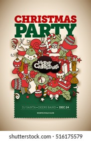 Vector Christmas Party poster design party  Hand drawn doodles and pastel Christmas colors  Global colors  Easy editable 