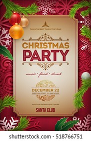 Vector Christmas Party poster design template. Christmas related ornaments objects on color background. Elements are layered separately in vector file.