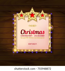 Vector Christmas Party poster design template.Messages and objects on dark wooden background. Elements are layered separately in vector file.