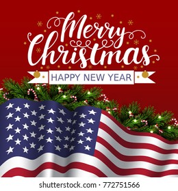 Vector Christmas Patriotic Card With  Tree, Lettering And Flag Of USA. Merry Christmas And Happy New Year America