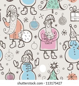 Vector christmas pattern with balls, snowmen and Santa Claus