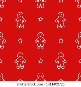 Vector Christmas pattern with bee and stars. Gingerbread men on a red background. Template for printing, fabric, paper, wallpaper, packaging, postcards and other uses.