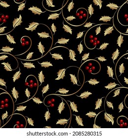 Vector Christmas pattern with berries.Red berries and golden leaves in a vector Christmas pattern on a black background.
