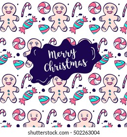 Vector christmas pattern with candy cane and gingerbread man. Illustration of new year holiday sweets.