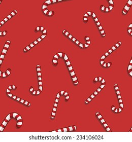 Vector Christmas Pattern. Candy Canes on Red Background.