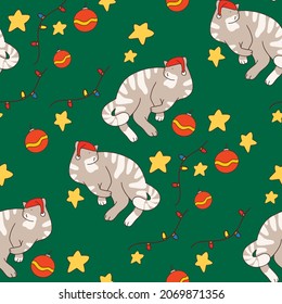 Vector Christmas pattern with cats, packaging, postcard