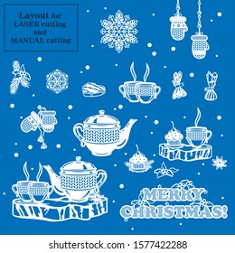Vector christmas pattern. Collection of Cozy Hygge Christmas illustrations. Vector paper art and craft style. Christmas Dessert. Rustic Cozy Teapot with a cup. Paper cut Happy New Year.