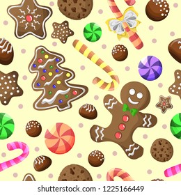 Vector Christmas pattern. Pattern of cookies, candies, icicles, gingerbread. All elements are isolated