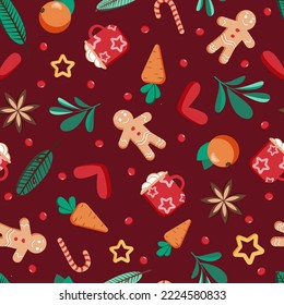 Vector Christmas pattern with cranberries, ginger cookies, carrots, cup 