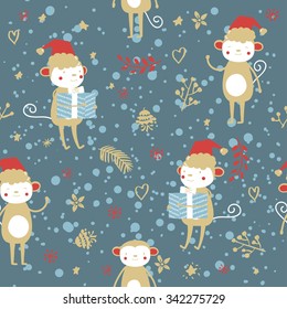 Vector Christmas pattern. Cute illustration of funny monkey.