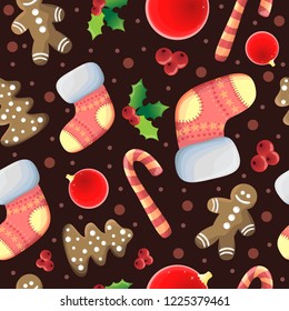 Vector Christmas pattern with dark background. Christmas sock, mistletoe, sweets, cookies. All elements are isolated