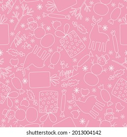 Vector Christmas pattern of deer, berries,snowflakes, birds, snowmen, sweets, gifts.Suitable for wrapping paper, fabric production, wallpaper, wrappers, banner, postcards.Seamless illustration.