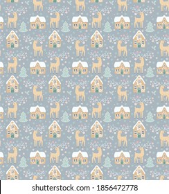 Vector Christmas pattern with fairytale deer houses in the snow and Christmas trees. Winter cozy digital drawing Seamless texture for decorative items. Festive traditional background