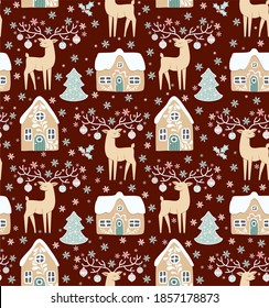 Vector Christmas pattern with fairytale deer houses in the snow and Christmas trees. Winter cozy digital drawing Seamless texture for decorative items. Festive traditional background