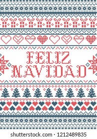 Vector Christmas  pattern Feliz Navidad inspired by  festive, winter Nordic culture in cross stitch with hearts, christmas present, decorative ornaments, snowflake, christmas tree, stars, snow in red 