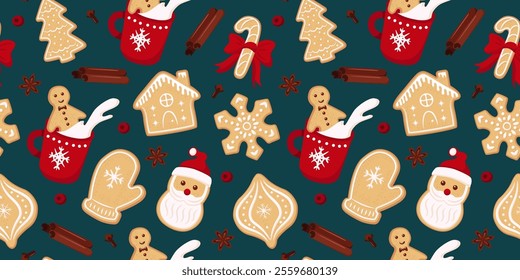 Vector christmas pattern. Gingerbread cookies and spices. New Year festive seamless vector background.