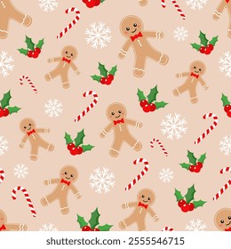 Vector Christmas pattern with a Christmas gingerbread man, candy cane, snowflake and Christmas plant