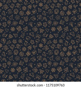 Vector Christmas pattern gold style with line icons- santa, deer, christmas ball, gift, snowflake for poster, greeting card, invitation, party, flyer, banner sale. Happy New Year. 10 eps