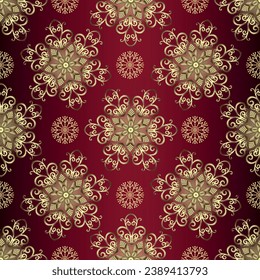 Patrón de Navidad vectorial con copos de nieve dorados, fondo rojo oscuro, patrón sin costura	

