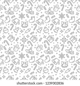 Vector Christmas Pattern with holiday thin line icons isolated on white for web. Seamless background design