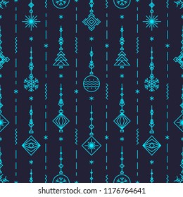 Vector christmas pattern with holiday toys - ball, snowflake, tree geometric art deco style for party poster, banner sale, greeting card, promotion, web, decoration. Happy New Year background. 10 eps