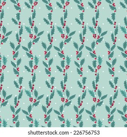 Vector Christmas pattern with holly branches. Vector illustration. Seamless pattern for fabric, paper and other printing and web projects.