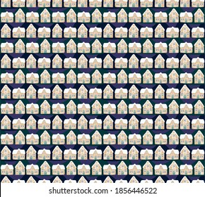 Vector Christmas pattern with houses in the snow. Winter Cozy Digital Drawing Seamless Texture for Decorative Items
