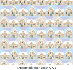 Vector Christmas pattern with houses in the snow. Winter Cozy Digital Drawing Seamless Texture for Decorative Items