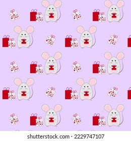 Vector Christmas pattern with mice and gifts.New Year Christmas winter holidays pattern.Vector illustration for printing on fabric and paper.