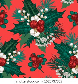 Vector Christmas pattern with mistletoe, spruce on a red background.
