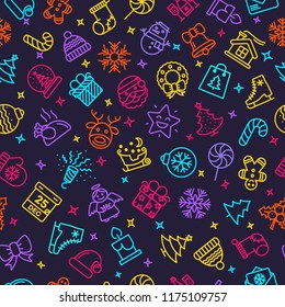 Vector Christmas pattern neon style with christmas icons - santa, deer, christmas ball, gift, snowflake for poster, greeting card, invitation, party, flyer, banner sale. Happy New Year. 10 eps