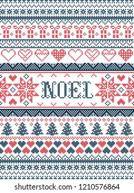 Vector Christmas  pattern Noel inspired by  festive, winter Nordic culture in cross stitch with hearts, christmas present, decorative ornaments, snowflake, christmas tree, stars, snow in red and white