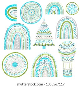 Patrón de Navidad vectorial con arcoiris, abetos, copos de nieve y globo, etc. Estilo escandinavo infantil. Conjunto de elementos de diseño