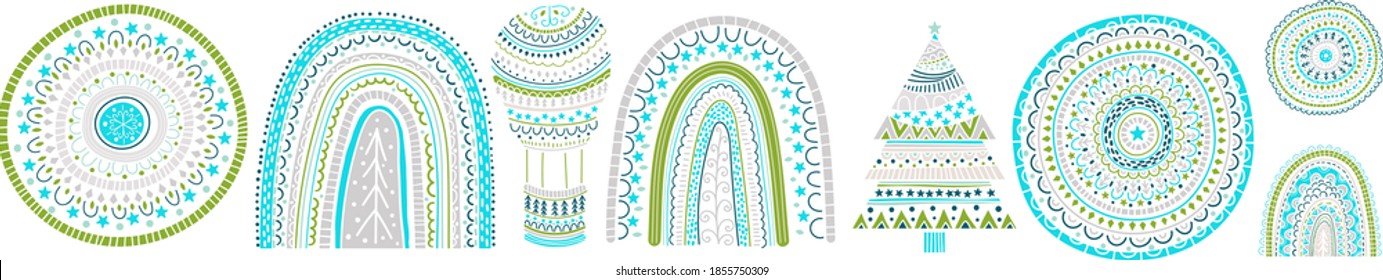Vector Christmas Pattern with  rainbow, fir tree, snowflakes and balloon etc. Childish naive scandinavian style. Design Elements set
