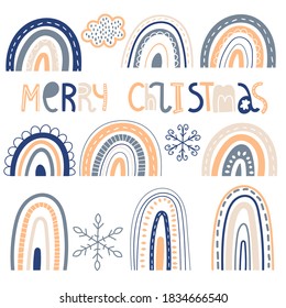 Vector Christmas Pattern with  rainbows and snowflakes. Childish naive scandinavian style. Design Elements set