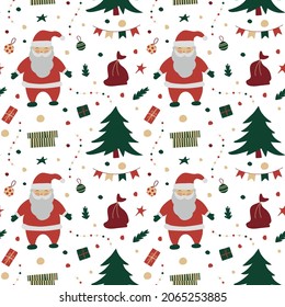 VectorWeihnachtsmuster mit Weihnachtsstaus, Weihnachtsbaum, Fahnen, Garland, Geschenkbox, Tasche mit Geschenken, Sternen, Konfetti, Weihnastdedekorationen
