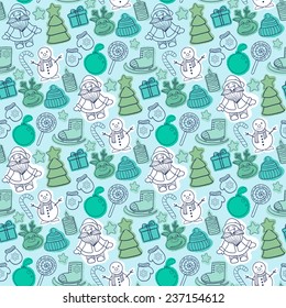 Vector Christmas pattern with Santa Claus, snowman, Christmas tree, sleigh, candy, house, ice skates, snowflake, gift, candle, Christmas wreath, toys, mittens, hat, scarf, deer