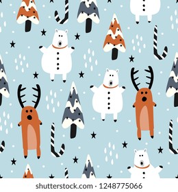 Vector christmas pattern with seamless cute reindeer and bear colorful background illustration for children and baby fashion textile print.