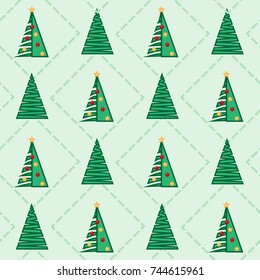 Vector Christmas pattern seamless of different  christmas tree with red and yellow ball, Christmas and New year design,geometric abstraction, on green background