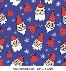 Vector christmas pattern with seamless drawing of santa head character. Red and blue colorful background ready for fashion textile print