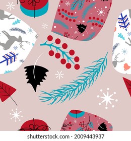 Vector Christmas pattern with seamless illustrations of deer, berries,snowflakes,spruce twigs.It is applicable for textiles,wrapping paper, wallpaper.