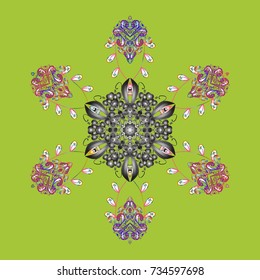 Vector. Christmas pattern with snowflakes abstract background. Green, gray and pink snowflakes. Holiday design for Christmas and New Year fashion prints.